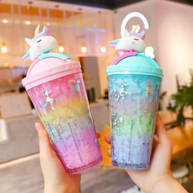 

Double-layer refrigeration straw fashion gradient cute ice cup couple office home drink cup cute water bottle with straw cute
