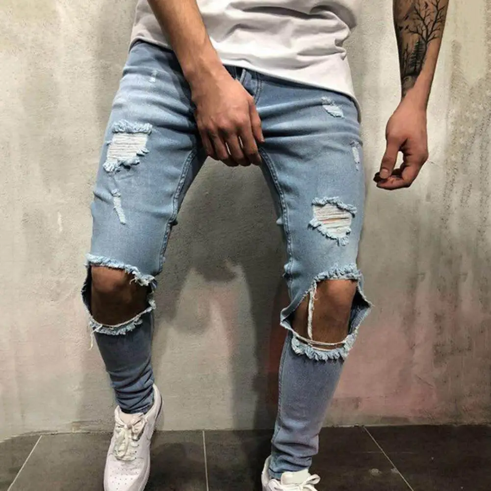 

Solid Color Stylish Slim Tight Leg Men Jeans Ragged Trousers Button for Autumn