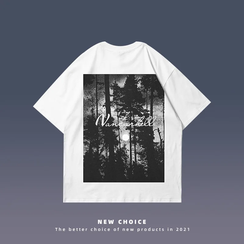 

black / White short sleeve T-shirt women's 2021 summer loose size dark scenery print couple's top