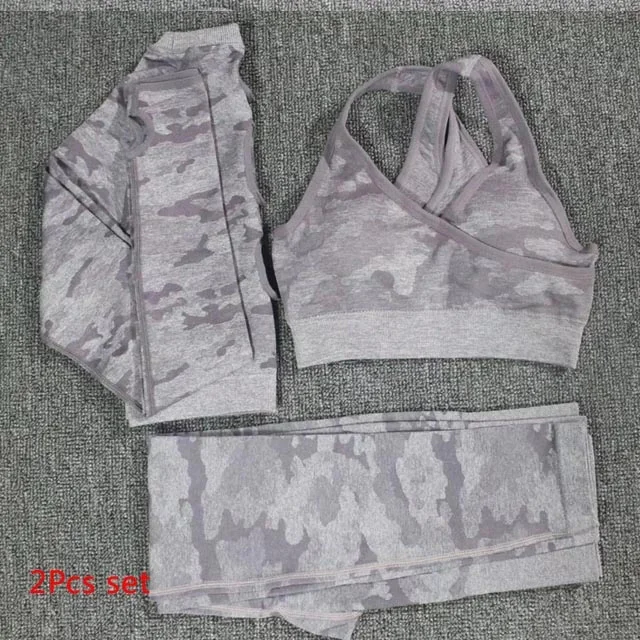 Purple 3Pcs Set Камуфляжной расцветки, Yoga 3 шт. набор бесшопное кроп топ с длинными рукавами+ леггинсы, спортивный бюстгальтер+ Для женщин леггинсы для пробежек, спортзала Высокая Талия спортивный костюм для фитнеса - Цвет: Purple 3Pcs Set