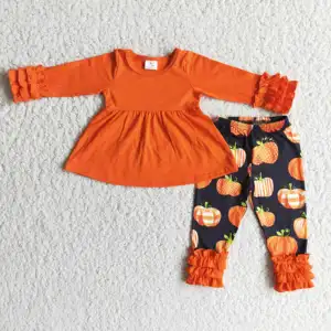 Autumn Winter Girl's Orange Blouse And Pumpkin Print Trousers Kids Clothing Halloween Style