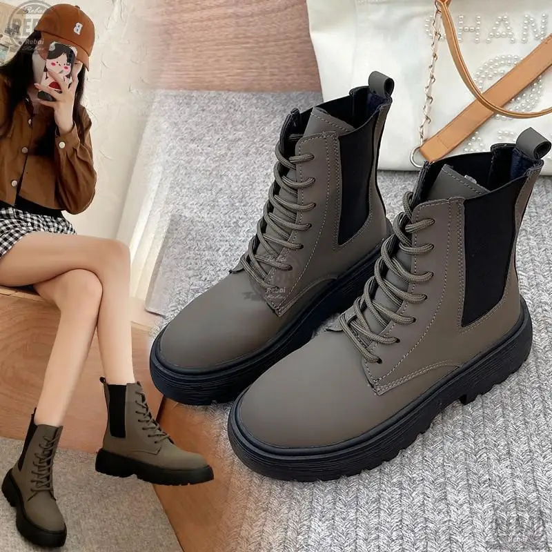 

New Square Heel Lace-up Knitted Socks Boots Platform Black Women's Ankle Boots 2021fashion Women's Winter Warm Thick-soled Boots
