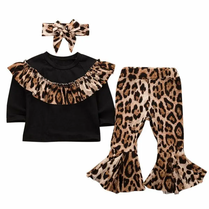 

Newborn Baby Girl Ruffles Black Long Sleeve Top Leopard Printed Bell-bottom Trousers Headband Outfits Girls Clothes Set 3PCS