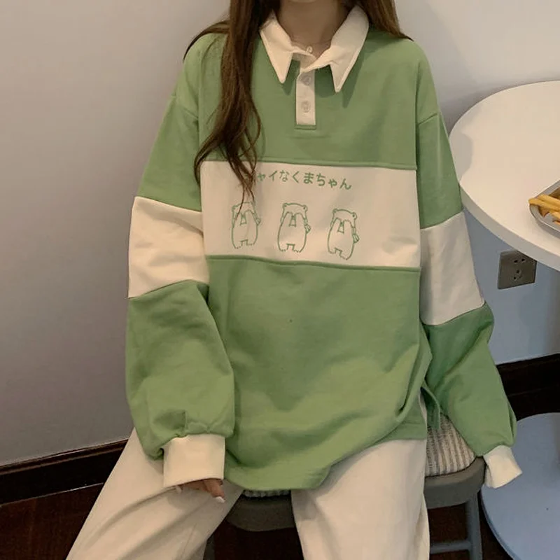 

QWEEK Casual POLO Collar Kawaii Print Oversized Sweatshirt Women Girls Japanese Harajuku New Autumn Korean Cute Clothes Pullover