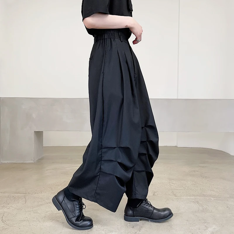 

Summer Men's Wide Leg Pleated Black Loose Ankle-length Pants Chic Design D49