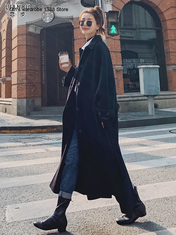 

Женское шерстяное пальто средней длины, новое свободное универсальное тонкое плотное шерстяное пальто в Корейском стиле для осени и зимы, ...