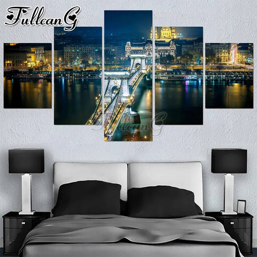 

FULLCANG City bridge night scenery 5 piece diy diamond painting full square round drill mosaic embroidery sale home decor FC3519