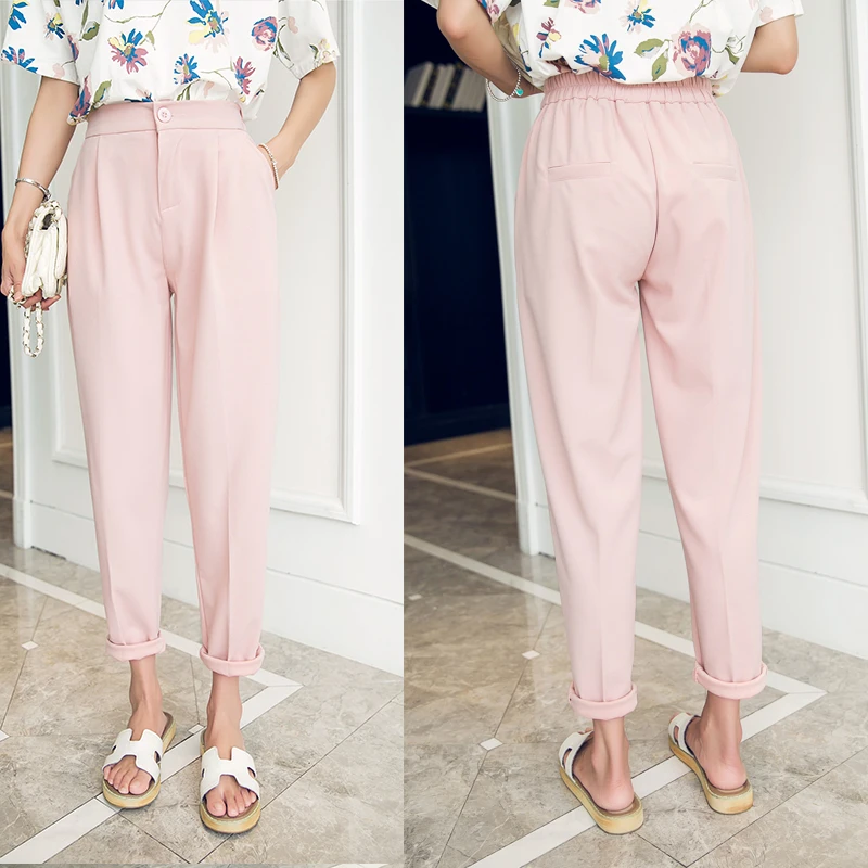 

Hot Sales 2021 Summer Women Korean Style Female Classic High Elastic Waist Harem Pants Fashion Slim Solid Ankle-length Pants