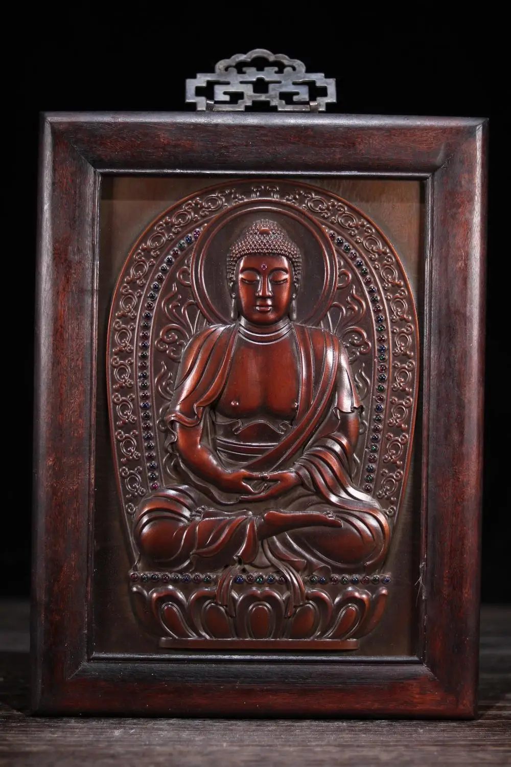 

Home Decor 14" Tibet Buddhism Temple Sandalwood set bronze gem Shakyamuni Buddha Statue Thangka Amitabha statue Tag Thangka