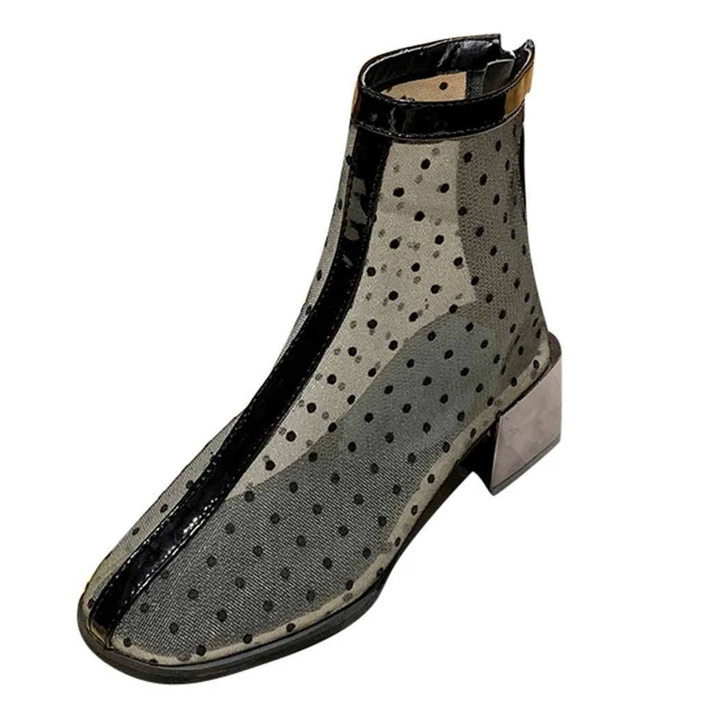 Женские ботильоны с круглым носком сетчатые Полусапоги на квадратном каблуке