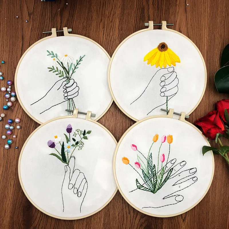 

Hand with Flowers Embroidery Kit DIY Needlework Houseplant Needlecraft for Beginner Cross Stitch Artcraft(With Hoop)