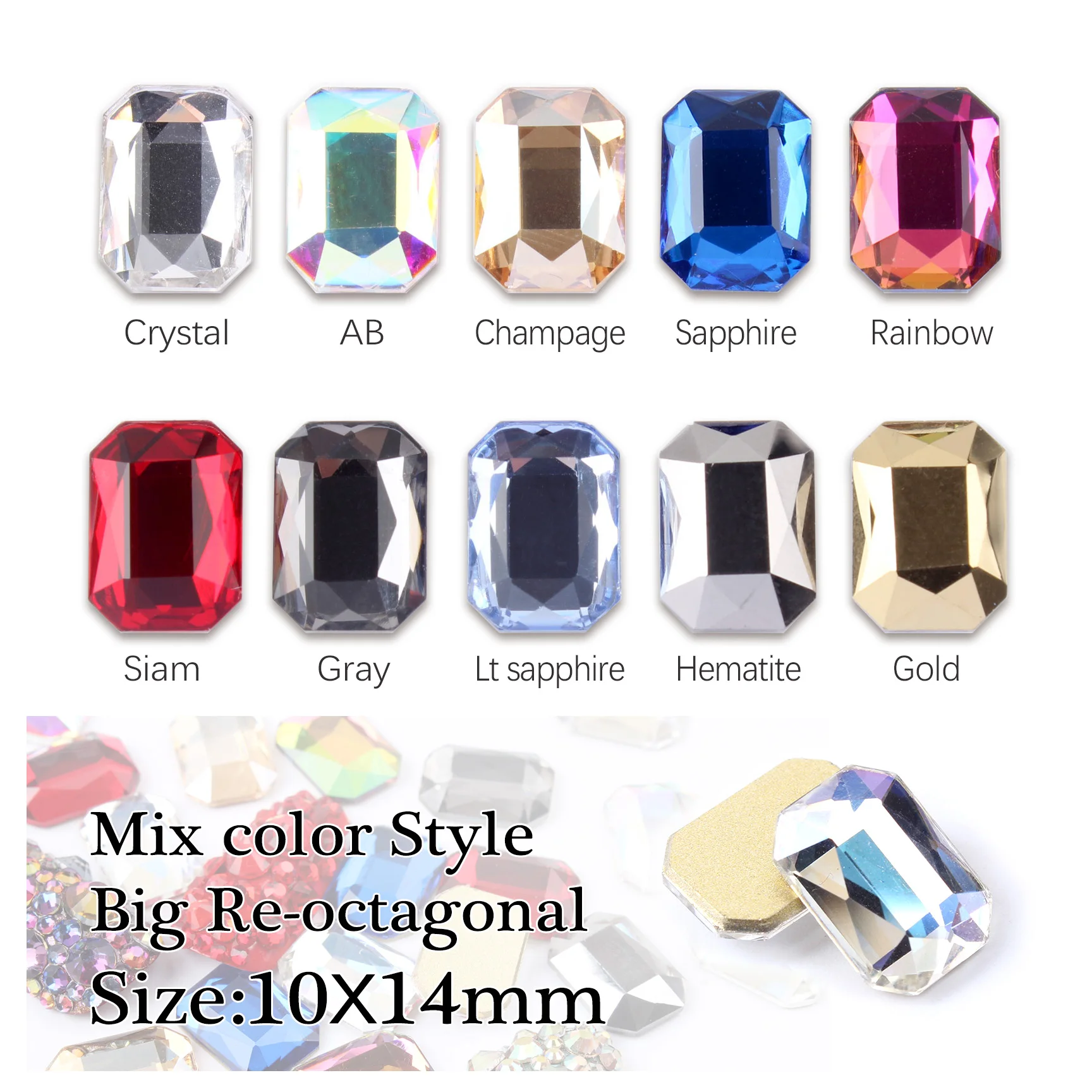 Diamantes de imitación para uñas de 10x14mm, cristales grandes y rectangulares, brillantes, 3D, piedras preciosas, adornos para manicura, joyería