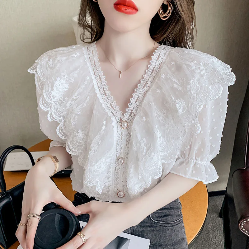 Милая кружевная блузка с V-образным вырезом женская шифоновая рубашка коротким