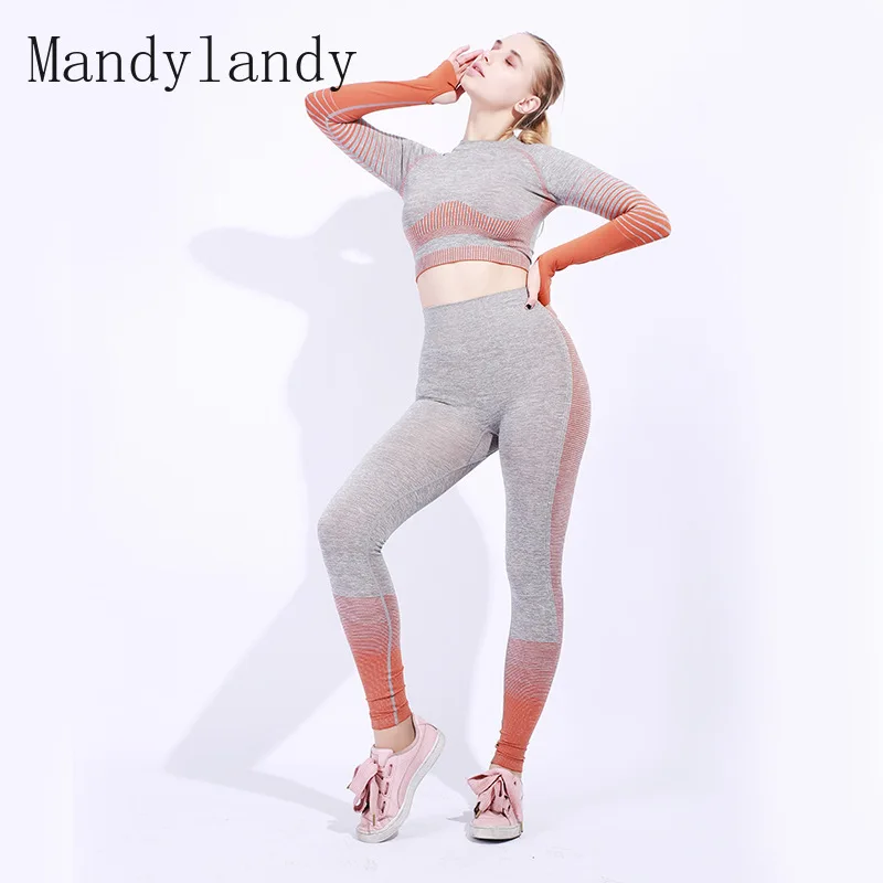 

Бесшовный костюм для йоги Mandylandy, вязаный кроп-топ для подтяжки бедер, спортивные костюмы, фитнес-упражнения, спортивный комплект для йоги, л...