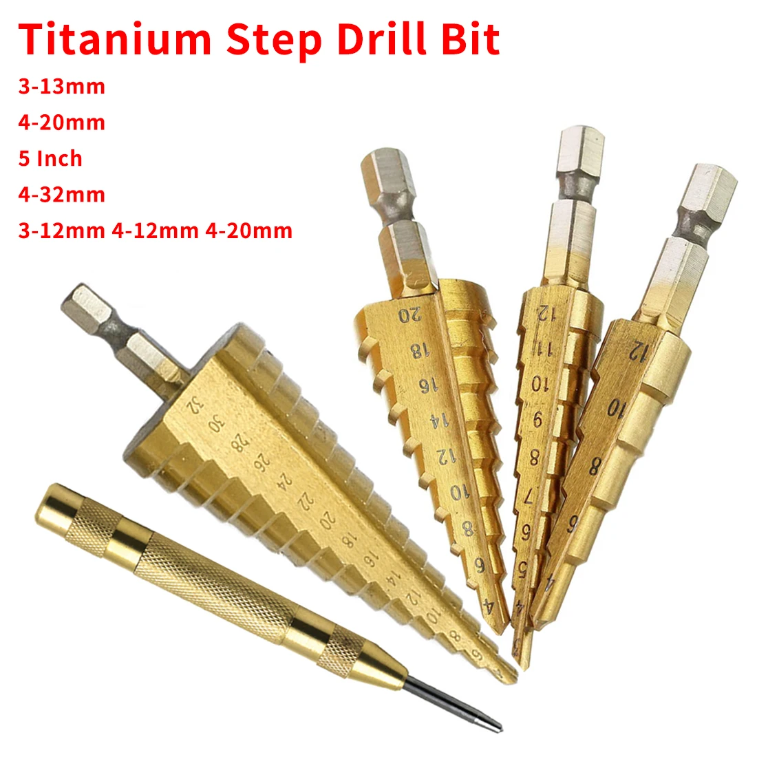 

3-12mm 4-12mm 4-20mm Step Drill Bit HSS Titanium Steel Woodworking Metal Drilling Set Hex Shank Step Cone Cutting Tools