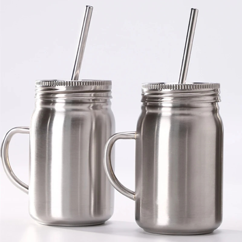 Stainless Steel Straw Cup 24oz Single Wall Mugs Safe Durable Anti-rust Jars Lids and Straws Portable Travel Handle Coffee Cup