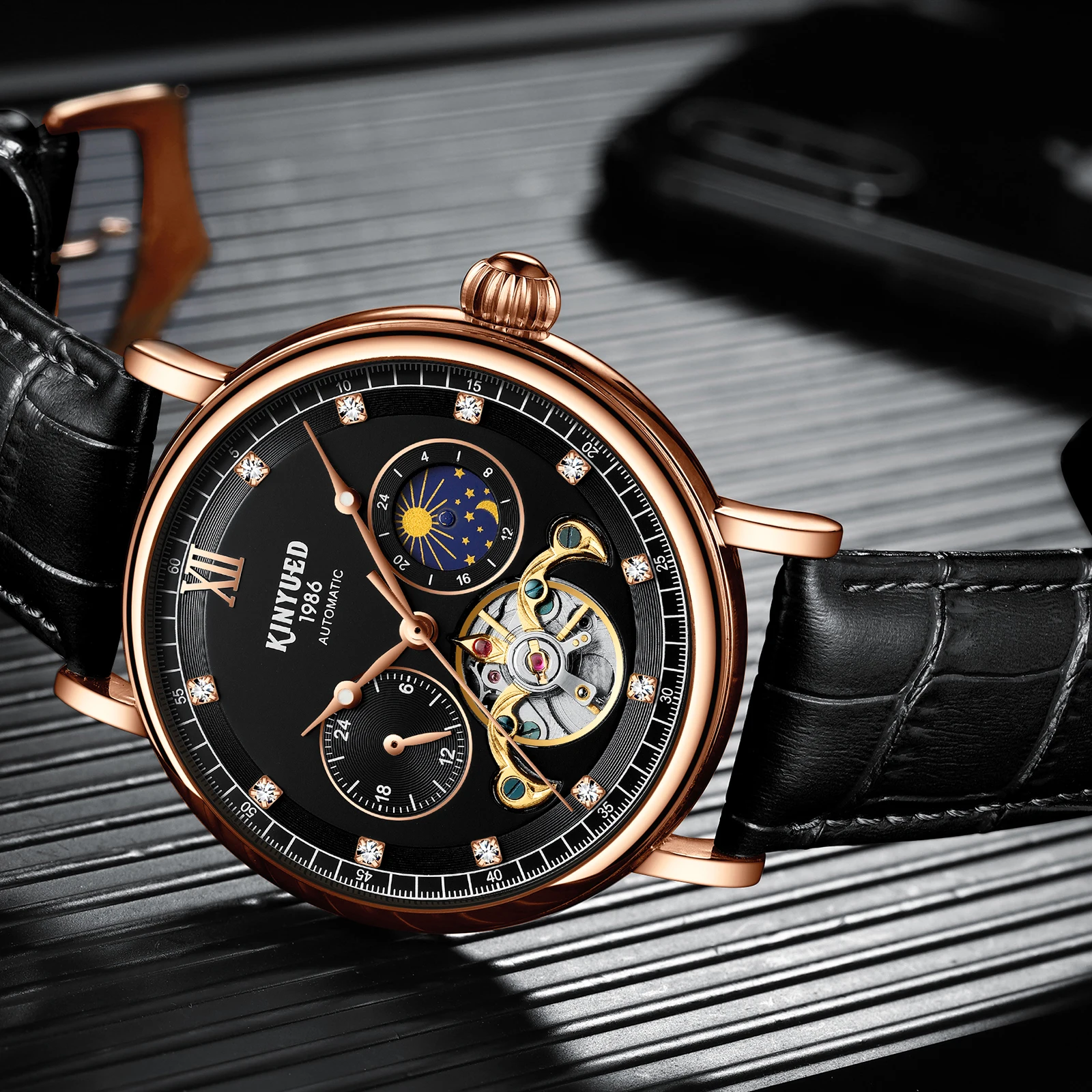 

KINYUED Watch Skeleton Dial Dual Moon Phase Mechanical Watches Men Black Gold Leather Tourbillon Waterproof Automatic Wrsitwatch