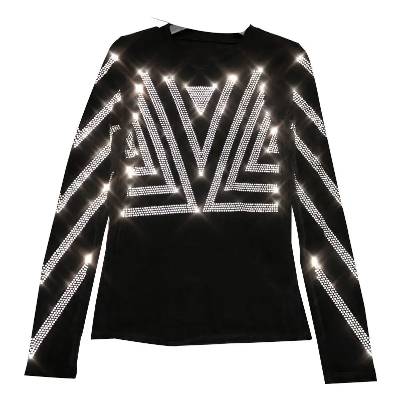 

New striped diamond hot drill sparkling elastic body building sweater bottom T shirt woman