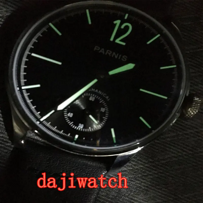 

Luxury Parnis 44mm Men's Watch Black Dial Luminous Hands 17 Jewels 6498 Manual Winding Movement Hands Mechanical Watch