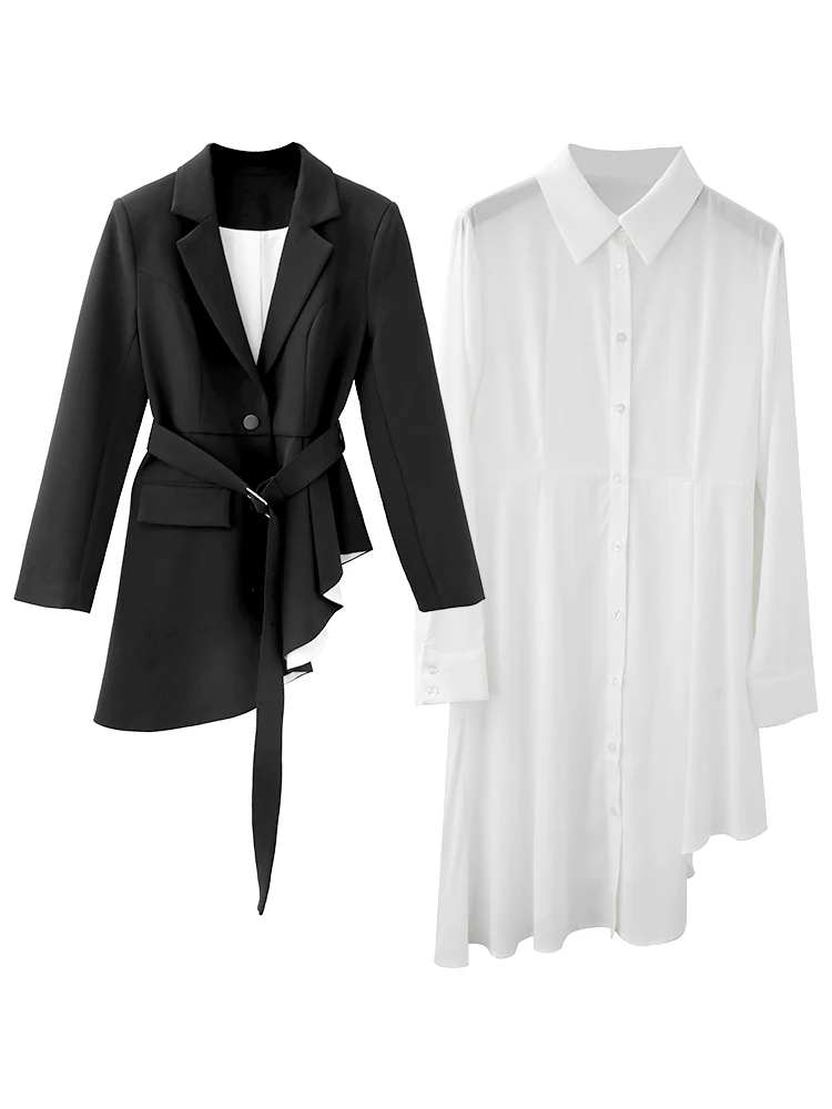

Blazer Top Quality Sets 2021 Spring Summer 3 Piece Set Women Notched Collar Belted Blazer Coat Jacket+ Sexy Long Shirt Dress Set