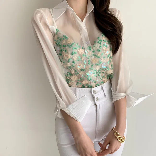 

Fashionable new sequined tight camisole + see-through shirt two-piece suit