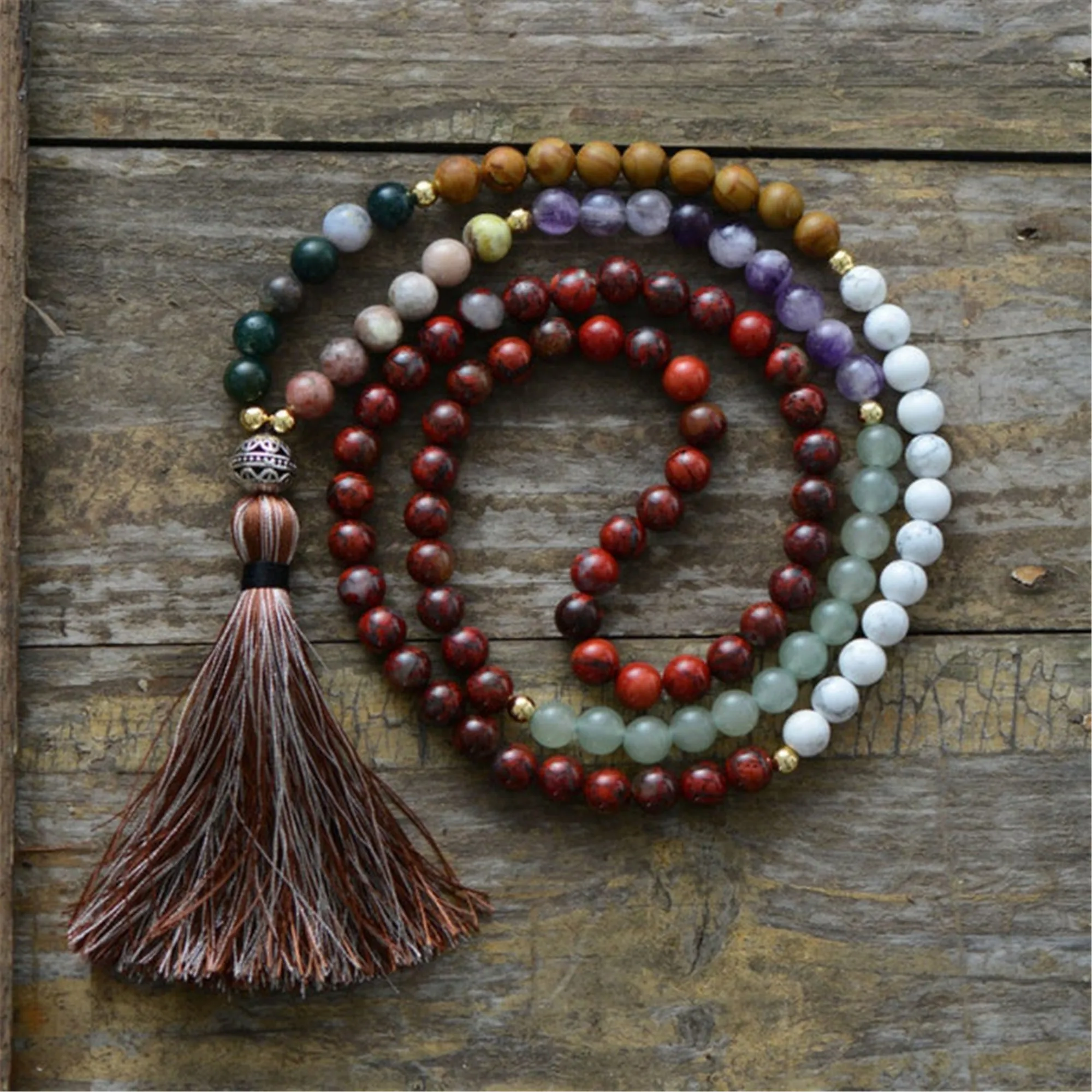 

Natural Chakra Agate Unisex 108 Beads Handmade Tassel Necklace Dark Matter Buddhism Seven Chakras Chain Colorful Handmade Energy