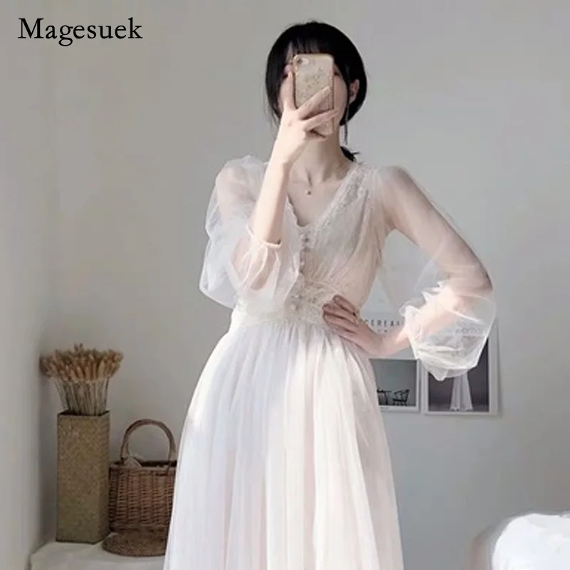 

Белое платье для женщин 2021 летнее платье размера плюс элегантное платье на пуговицах в форме трапеции, с буффами на рукавах и v-образным выре...