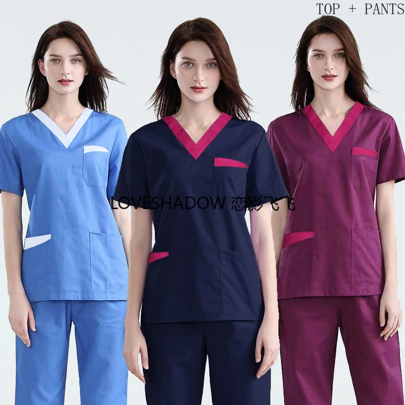 

Woemn скраб набор хлопковая Униформа цветная Блокировка короткий рукав скраб Топ V-образный вырез ветеринарная одежда для стоматолога костюм ...