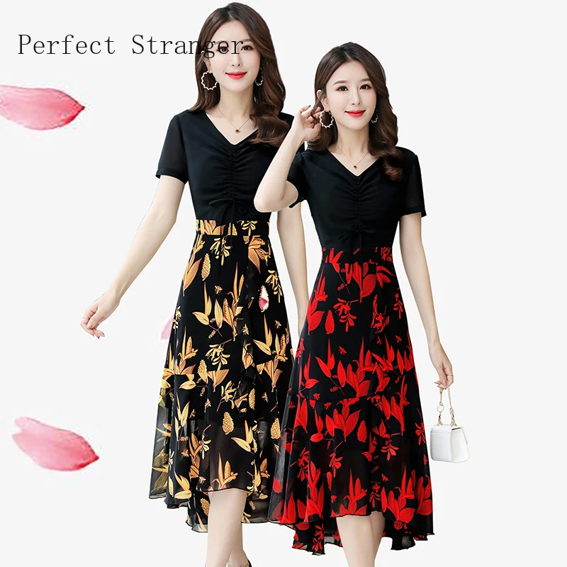 

2020 Summer New Arrival High Quality Elegant V Collar Flower Printed Short Sleeve Women Chiffon Long Dress