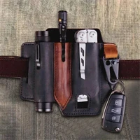 multifunctional storage leather case edc outdoor tactical tool holster cowhide distress tool belt bag carry on mens keychain