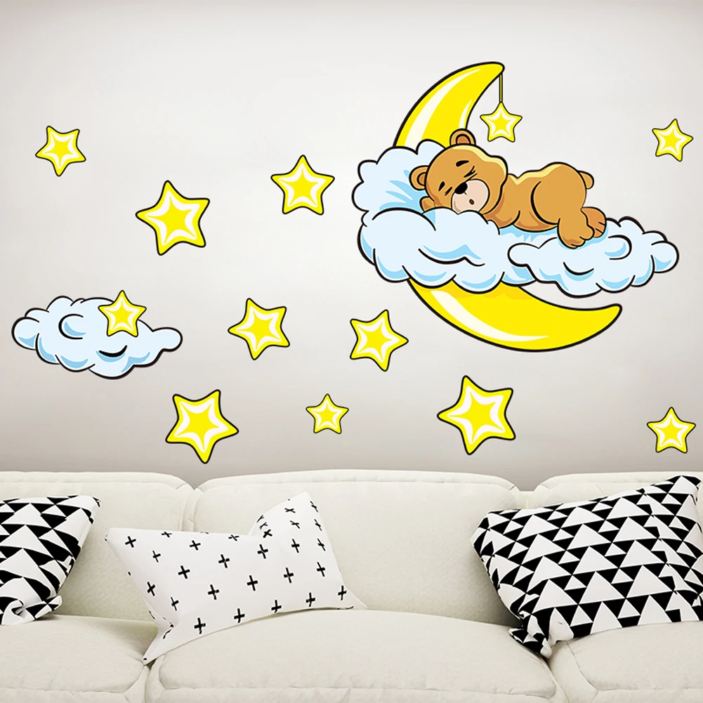 Милый медведь облака звезды наклейка на стену луна DIY детская комната