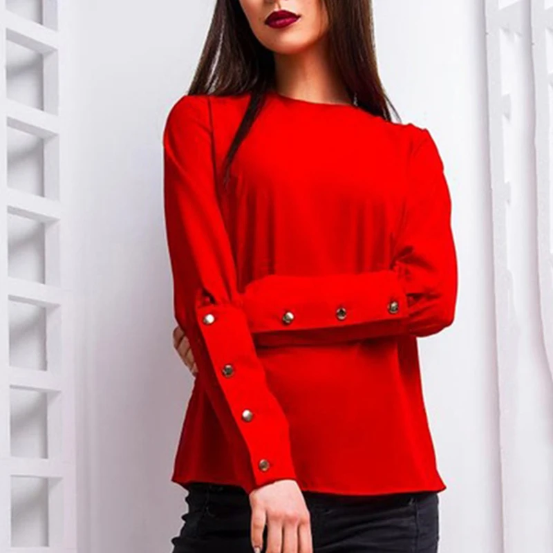 Женские повседневные топы длинные рукава круглый вырез пуговицы узкие манжеты