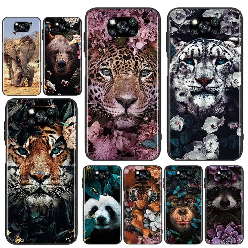 

Flower Animal Tiger For Xiaomi Poco X3 GT NFC M3 F3 C3 M2 F2 F1 X2 Pro Mi Mix 3 Play Silicone Soft Black Phone Case