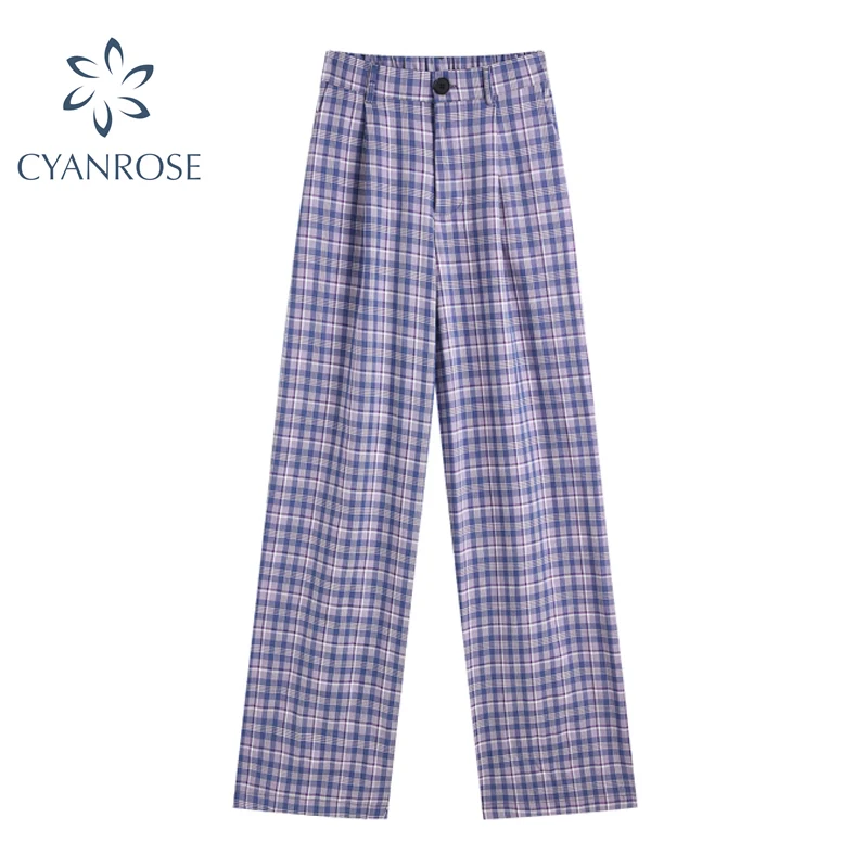 Брюки женские клетчатые с завышенной талией повседневные Длинные свободные