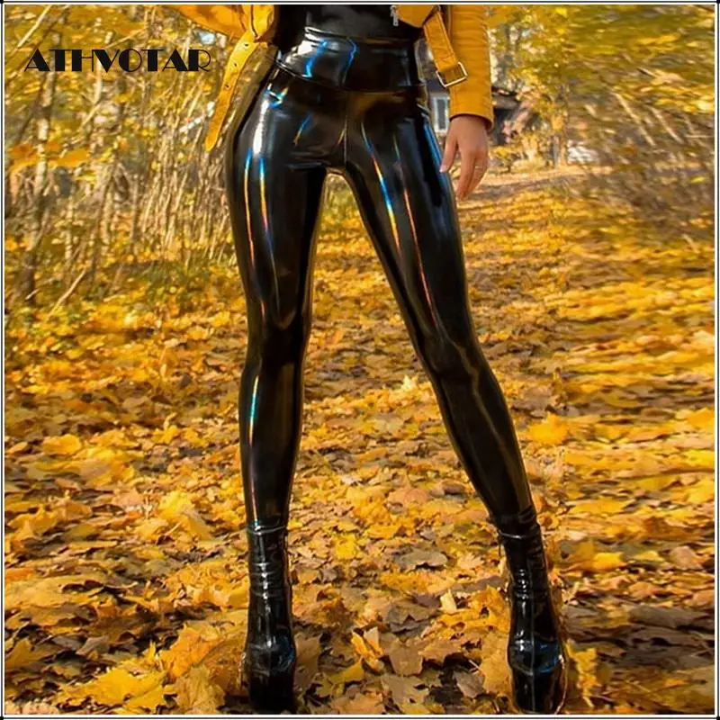 Женские леггинсы из искусственной кожи ATHVOTAR черные кожаные брюки-карандаш с