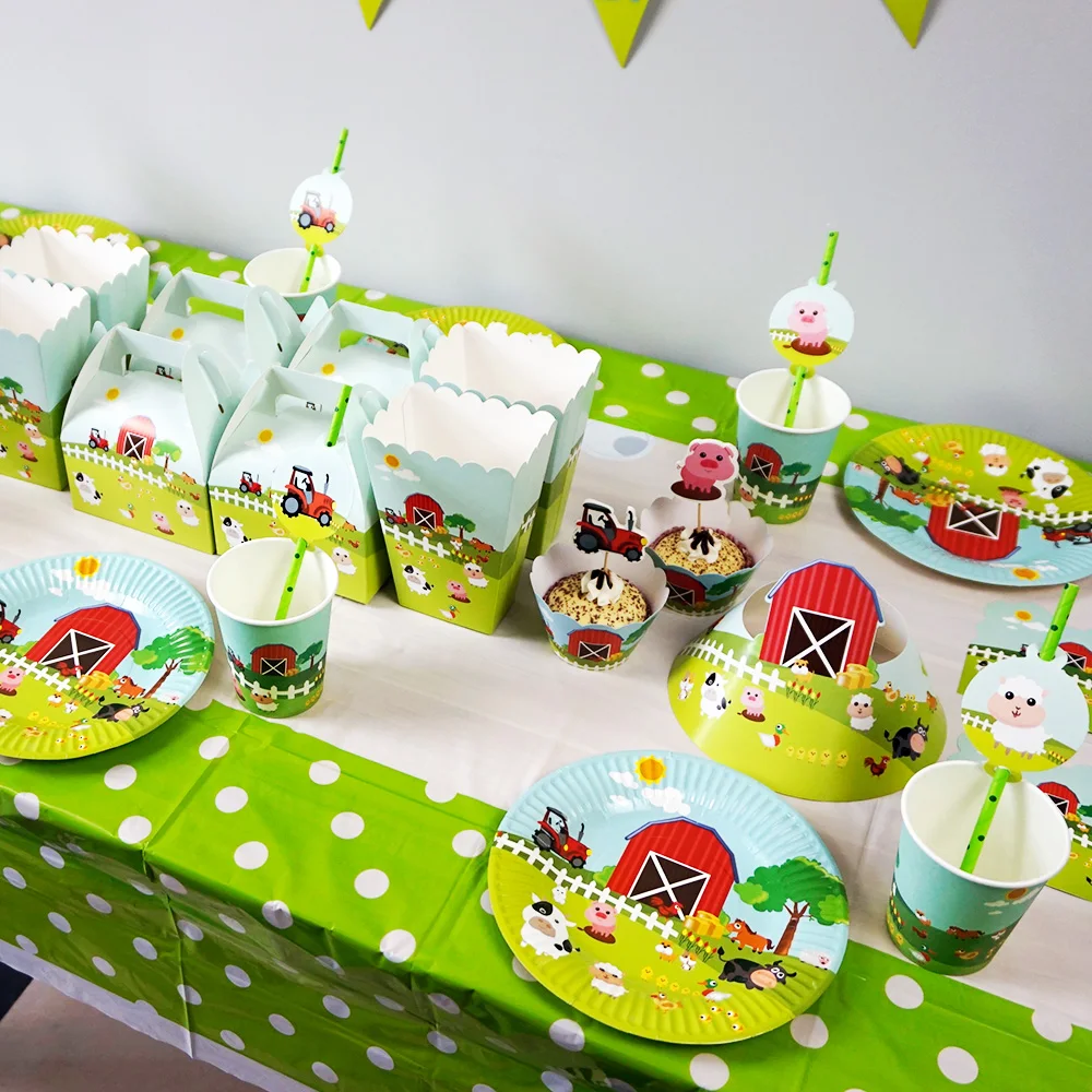 Boys Kids Farm Animal theme table cloth table cover, birthday party Tableware Balloon Candy Box Flag Plate Cup Party Supplies