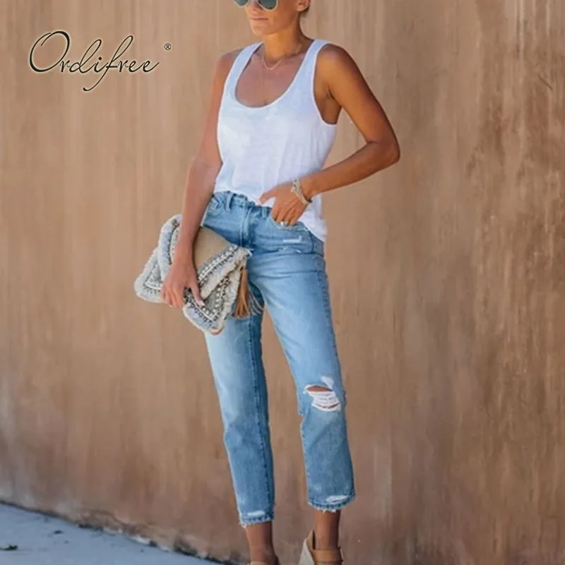 

Ordifree 2021 Summer Women Jeans High Waist Denim Pants Streetwear Blue Ripped Jeans Casual Trousers