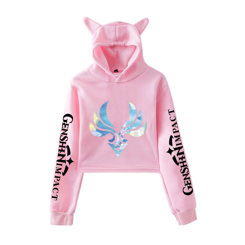 

Hot Game Genshin Impact Print Crop hoodies women Cat ears Exposed top Hooded Sweatshirt Unisex Tracksuit