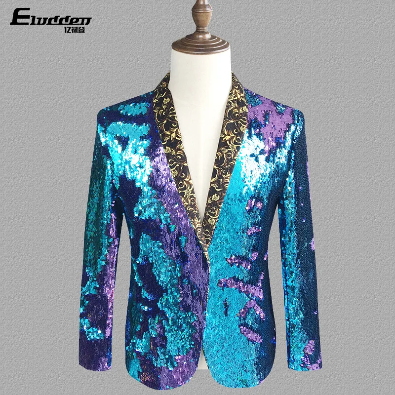 

Punk Style Color Sequin Male Nightclub Singer Performance Costumes Unique Men's Personalized Blazer Jacket Plus Size Man Suits