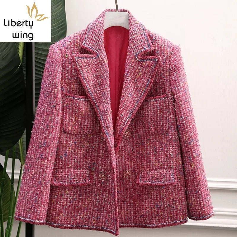 

Top Quality Luxury Double Breasted Lapel Womens Tweed Outerwear Coats Fashion Long Sleeve Pockets Loose Straight Female Jackets