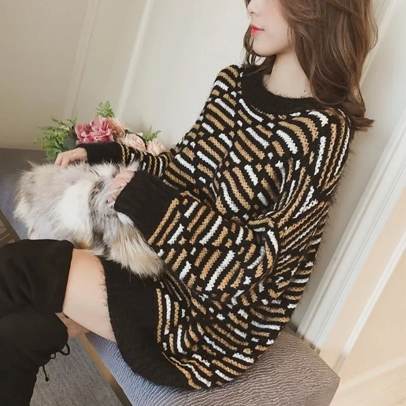 Autumn And Winter New Korean Version Of The Long Section Loose Hooded Mohair Net Red Striped Sweater Women's Clothing | Женская