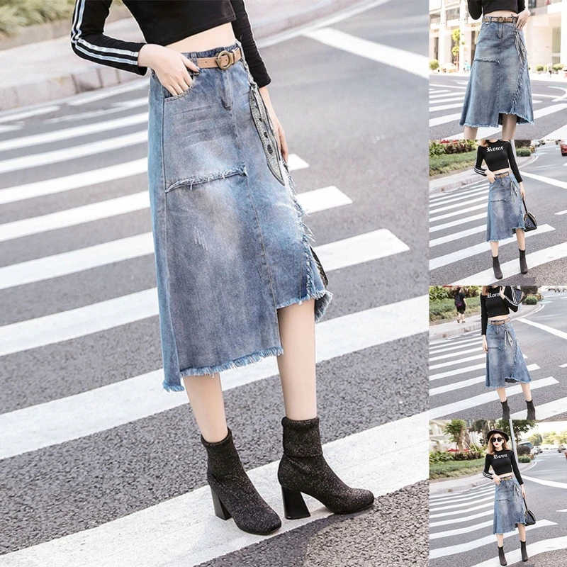 

Womens High Waist Fringe Frayed Midi Long Denim Jean Skirt Irregular Asymmetrical Hem A-Line Casual Loose Streetwear