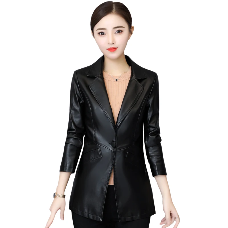 

Fashion PU Faux Leather Blazers Women Leather Jackets and Coats 2020 Single Button Women Outwear Leather Coats Female Black Coat