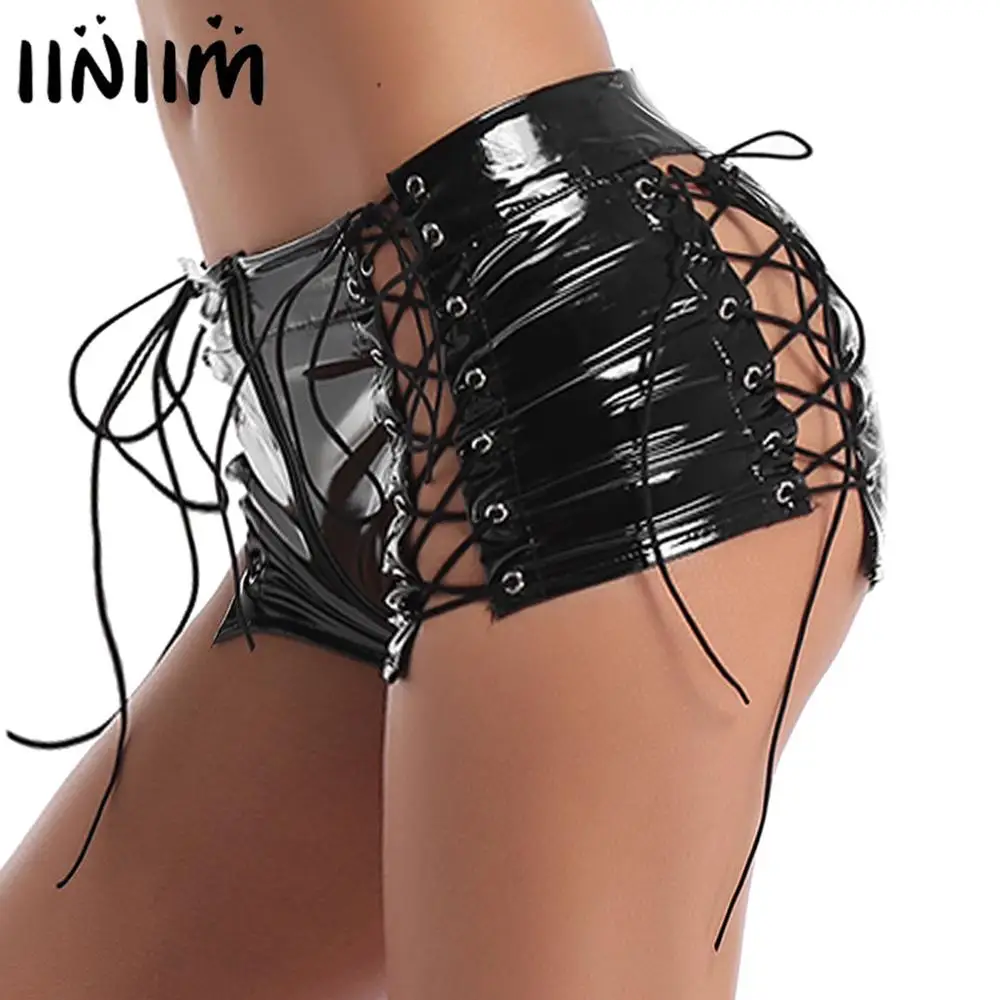 

FAKUNTN Womens Wetlook Sexy Mini Shorts Leather Low Rise Hollow Out Lace-up Zipper Crotch Booty Shorts for Night Cocktail Party