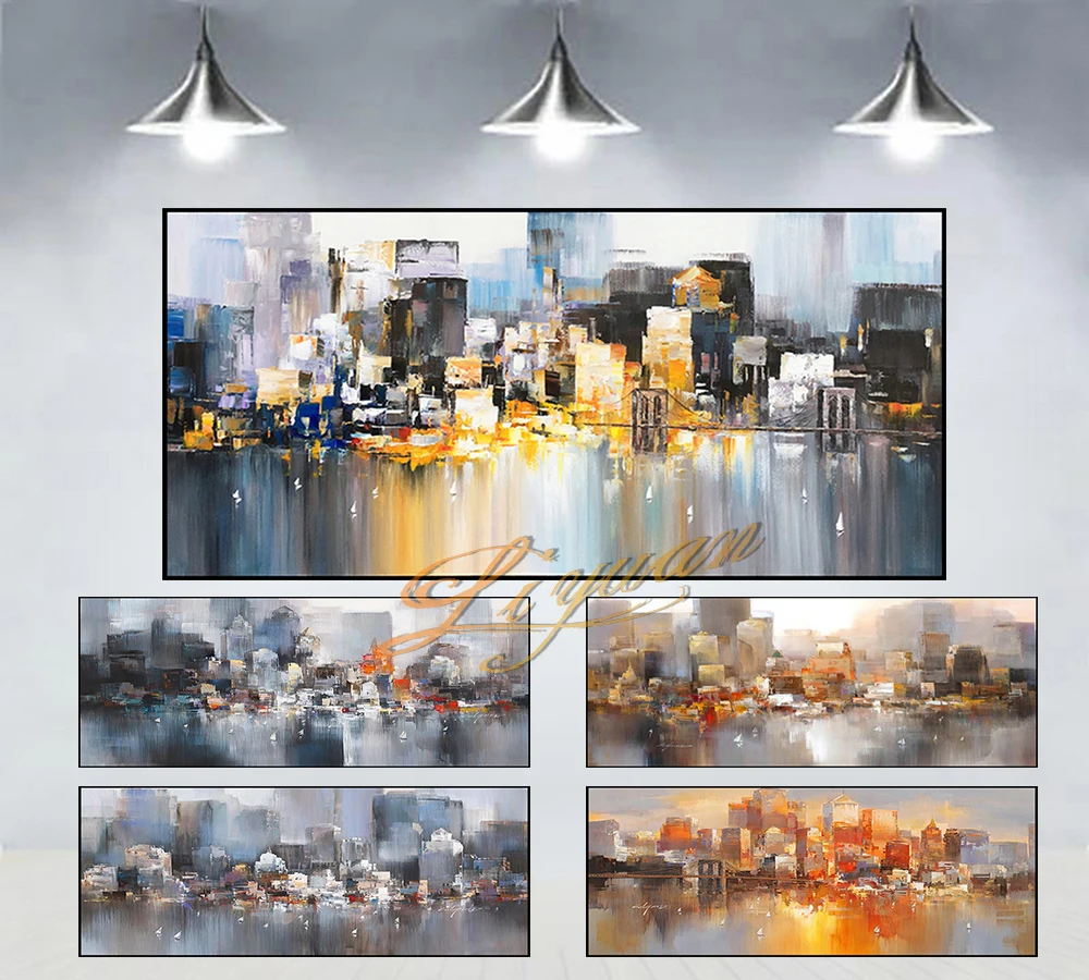 

Ручная роспись маслом на холсте, Современное абстрактное искусство большого размера, домашний декор, городское здание, украшение для салон...