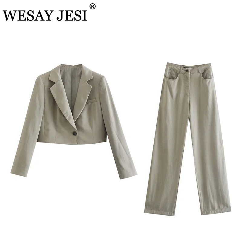 

WESAY JESI ZA 2021 элегантный шикарный офисный деловой Блейзер + брюки с высокой талией костюмы из двух частей короткий Блейзер с одной пуговицей