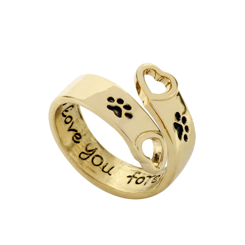 

Cute Dog Cat Paw Foot Print Love Heart Rings for Women Girls Stainless Steel Adjustable Love You Forever Letter Ring Jewelry