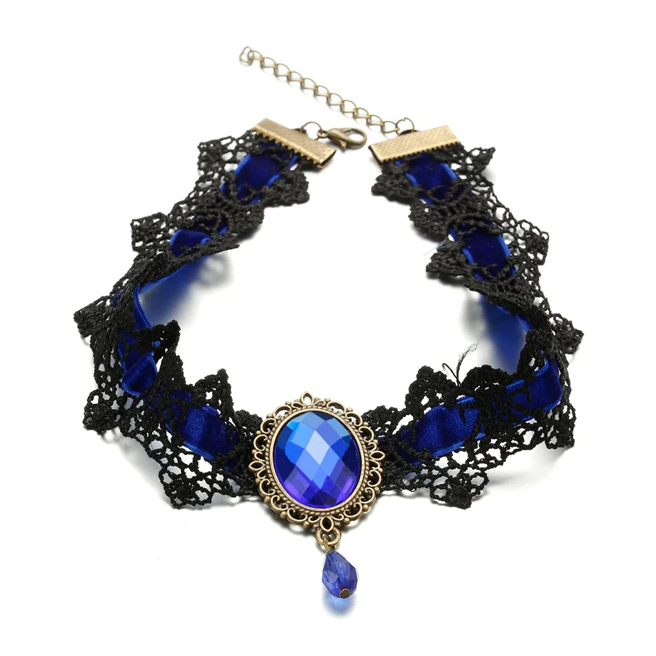 BLUE Короткие кружевные ожерелья и подвески для женщин, черные бусы, готическое колье LX077 - Окраска металла: BLUE