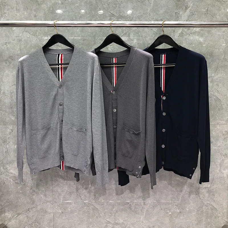 2021 TB Fashion THOM Brand Sweaters Men Slim Fit V-Neck Cardigans Clothing Striped Wool Cotton Spring and Autumn Casual Coat