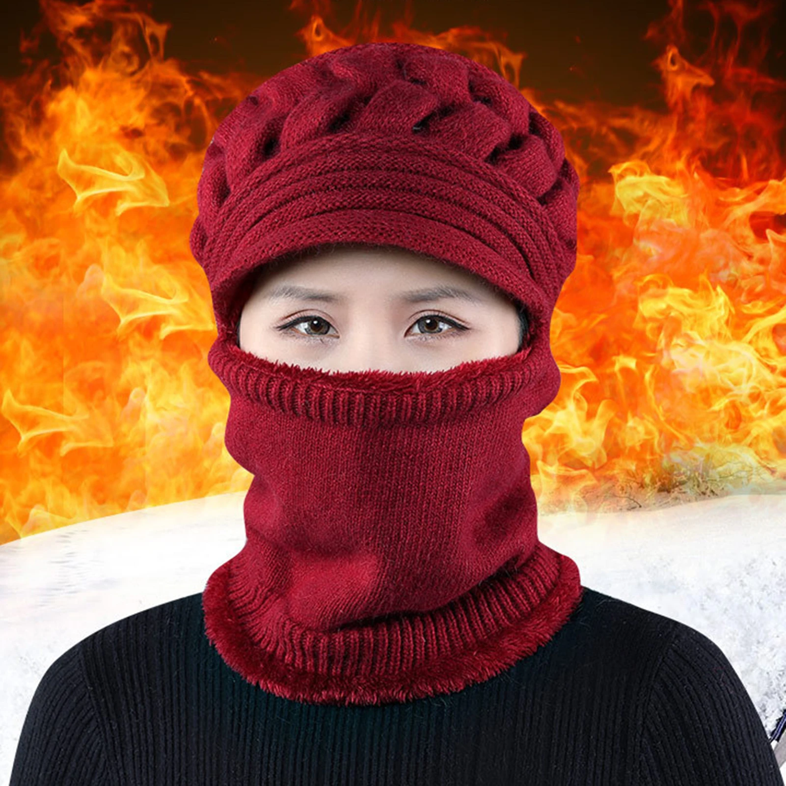 Женский Зимний вязаный ветрозащитный Теплый головной убор с шапочкой и шеей шарф